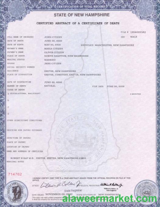 USA state New Hampshire death certificate template in PSD format